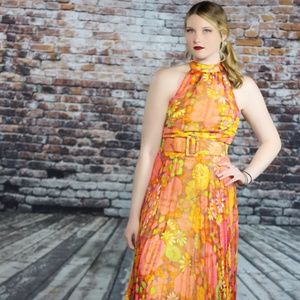 💜 Vintage Tropical Floral Halter Maxi Dress